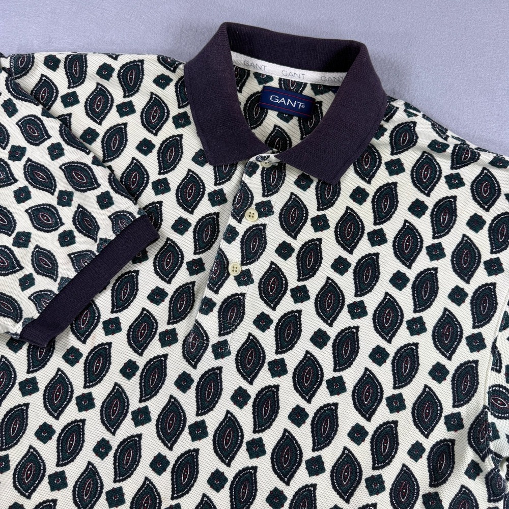 Vintage‎ Gant Polo Shirt Men Medium Cream Geometric AOP Short Sleeve Casual
